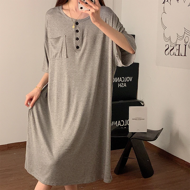 可外穿睡裙女新款夏季简约灰色短袖睡衣宽松简约纯色小个子家居服