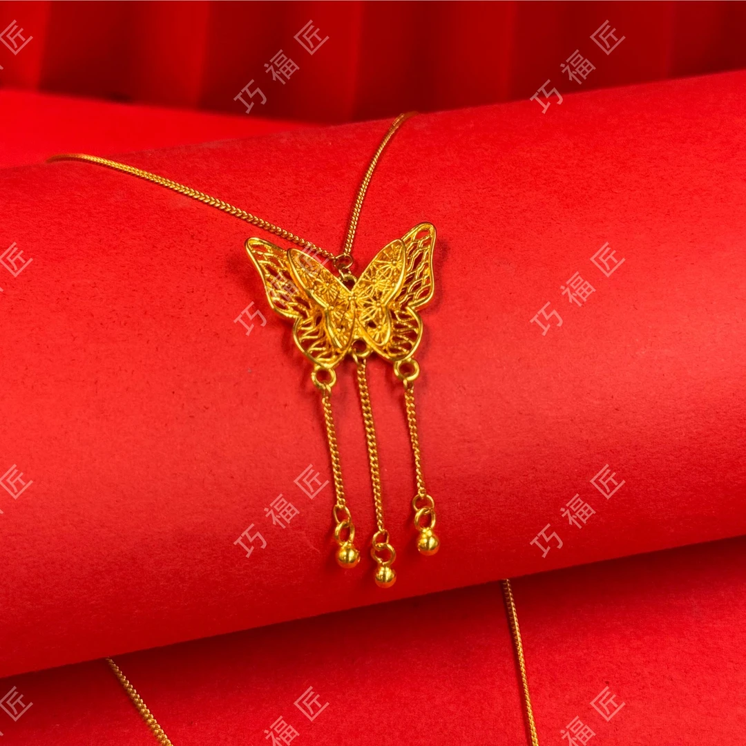 链子足银 镂空蝴蝶项链时尚百搭气质金色
