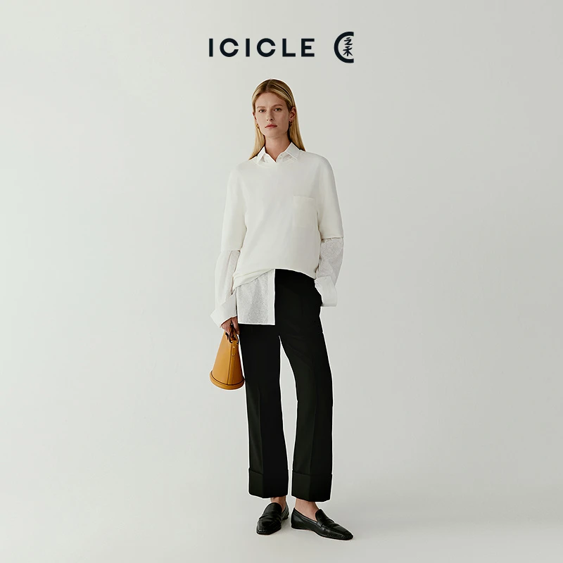 ICICLE之禾女装精纺羊毛翻边长裤0466