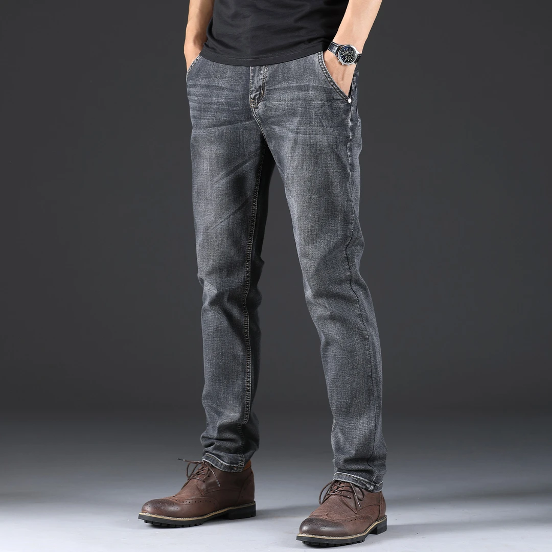 香港高端烟灰色牛仔裤男士秋冬款宽松直筒中年商务大码休闲长裤子