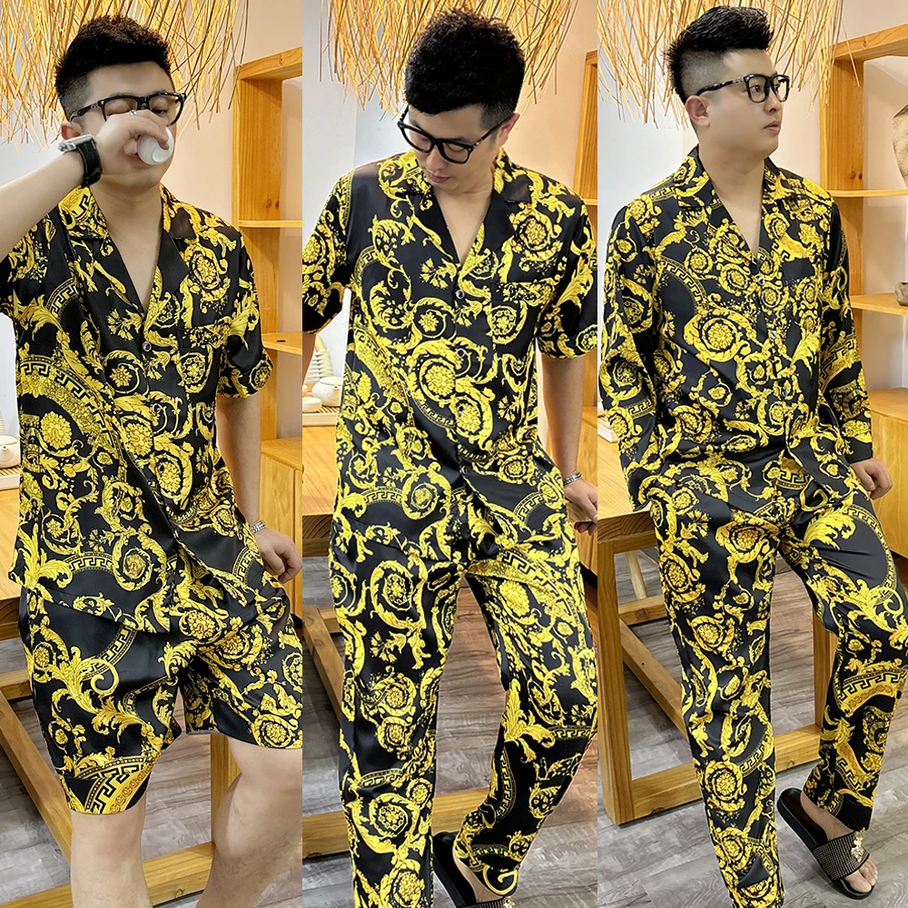 印花长袖长裤睡衣套装2025高级感奢华高品质可外穿男士大码家居服