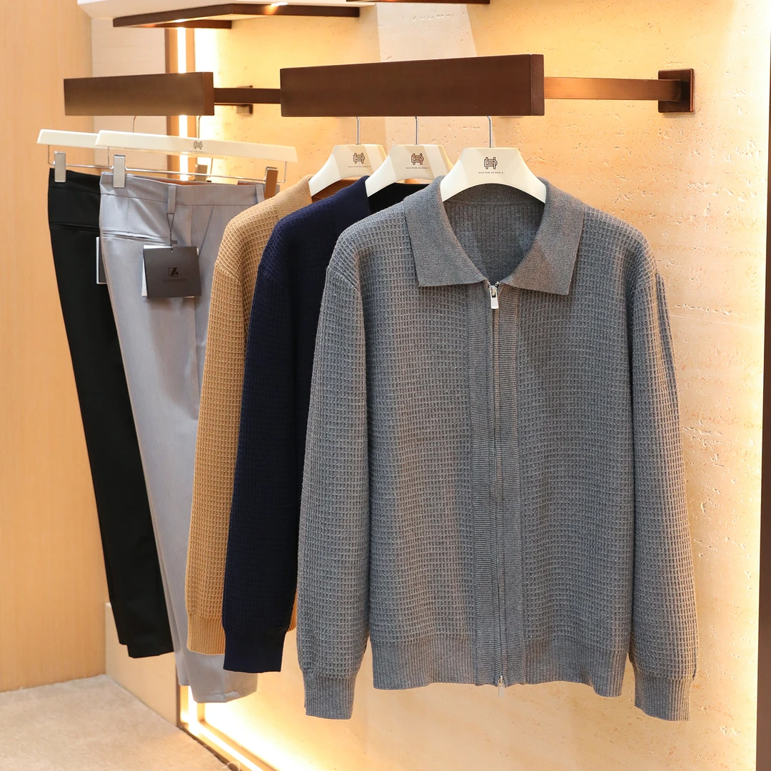 2025秋冬季新款男士600g重磅混纺华夫格针织开衫外套1397