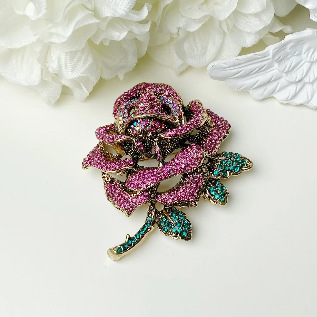 锌合金合成锆石胸针 FL1025复古满钻《紫》玫瑰胸针