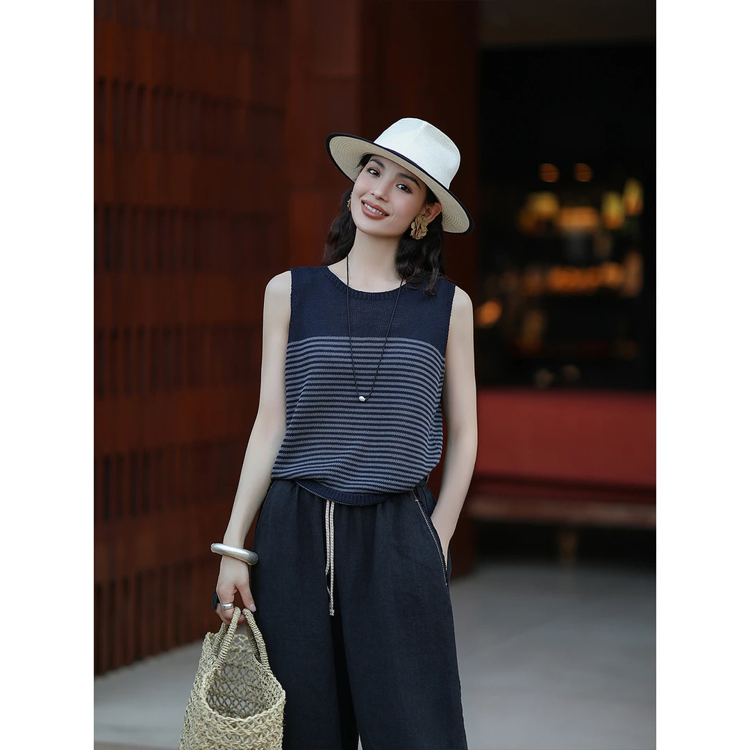 麻霖早春新品亚麻天丝混纺垂坠干爽圆领无袖简约条纹针织背心