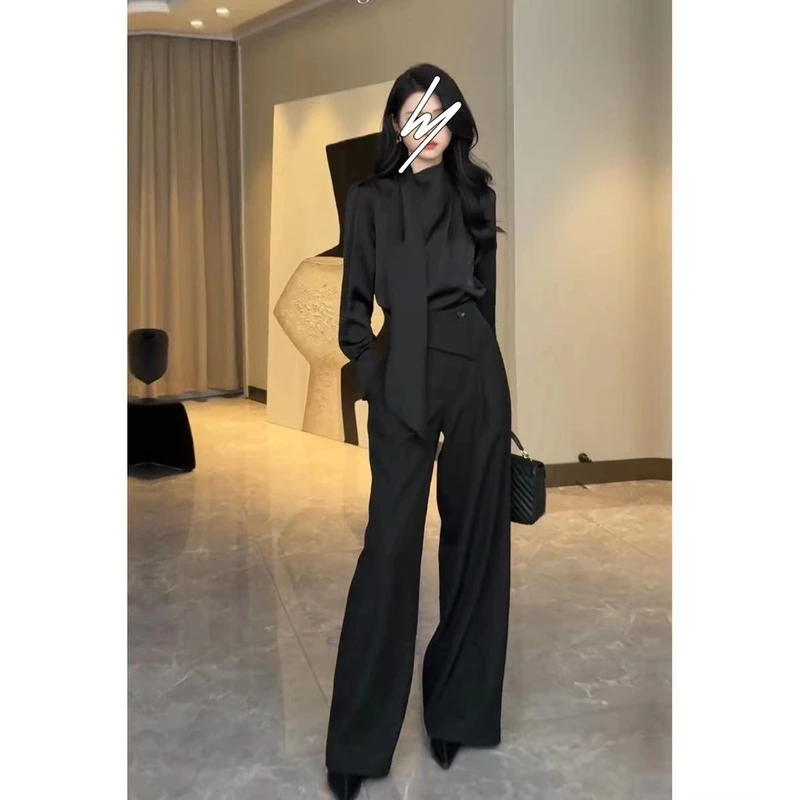 2025春款时尚长袖休闲百搭纯色衬衫+ 高腰时尚显瘦宽松休闲裤套装