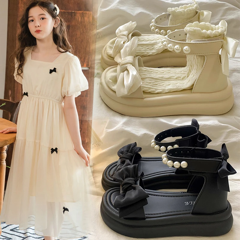 女童凉鞋2025夏季新款复古外穿百搭松糕休闲配裙学生珍珠蝴蝶结鞋