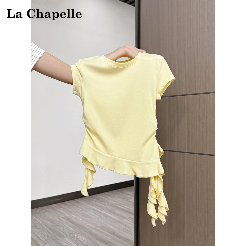 拉夏贝尔圆领不规则感下摆荷花边收腰短袖T恤女夏季新款显瘦上衣