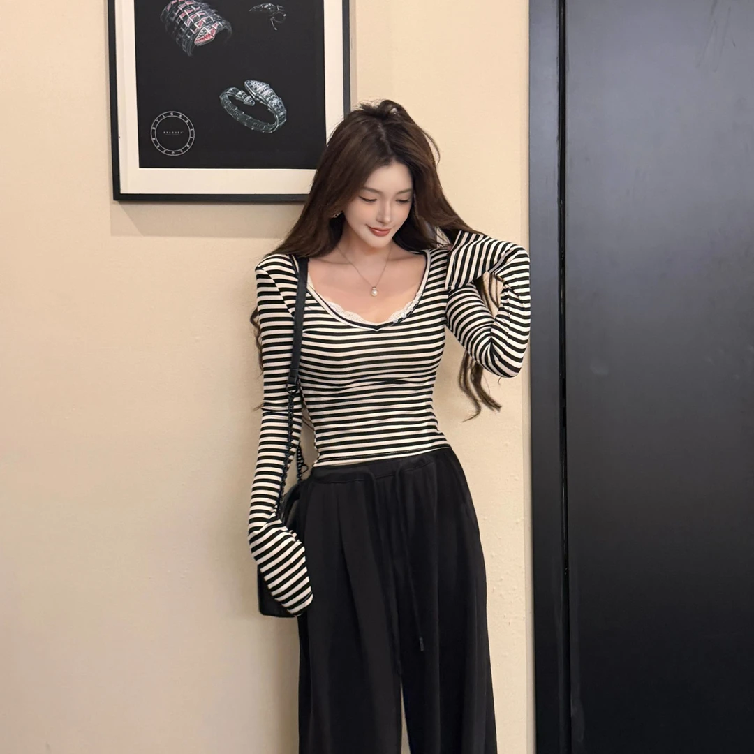 GUIDI GUDI【迷途羔羊】气质高级感条纹长袖T恤上衣/黄加蓝