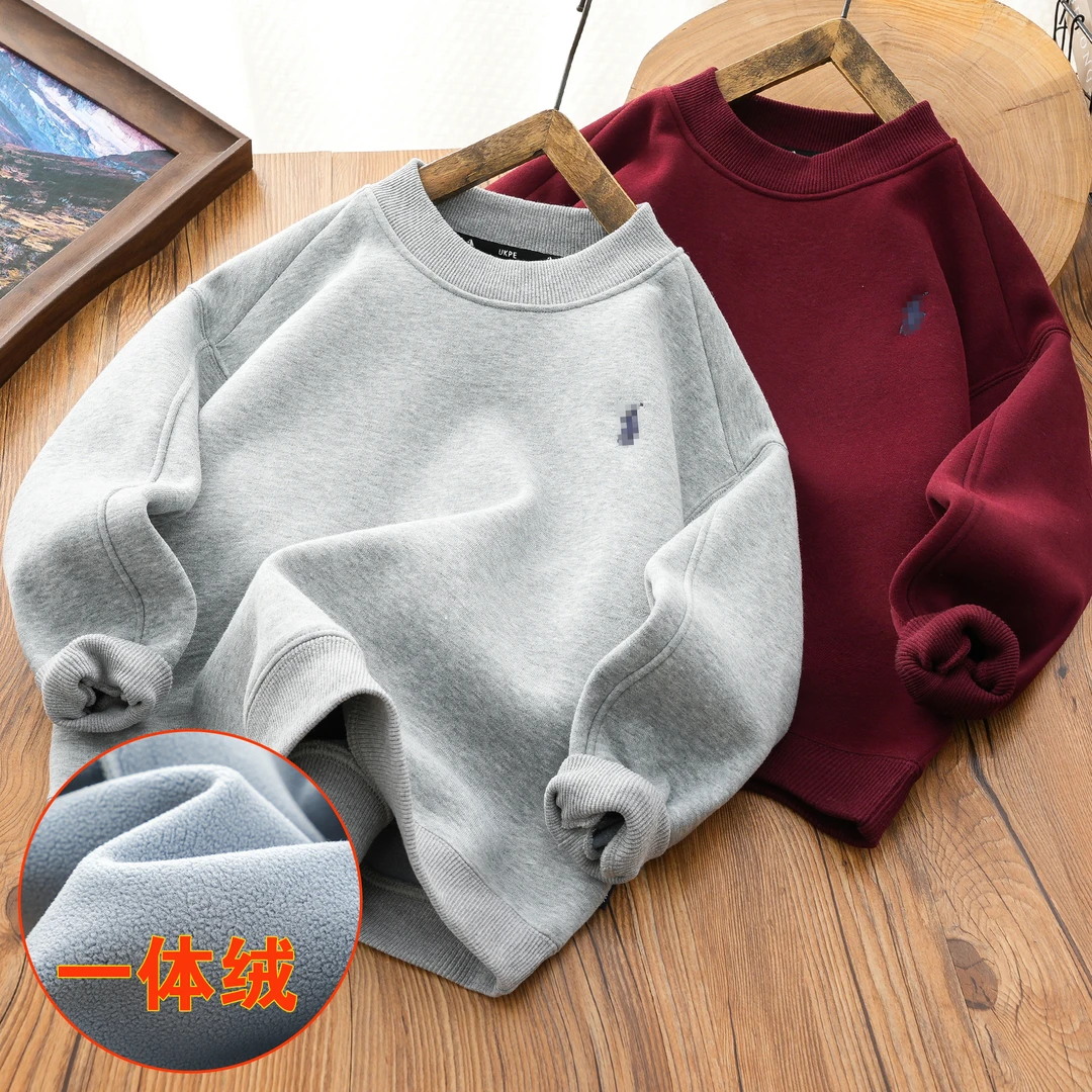 男童加绒卫衣男孩一体绒保暖圆领衫秋冬新款2024冬装加厚长袖套头