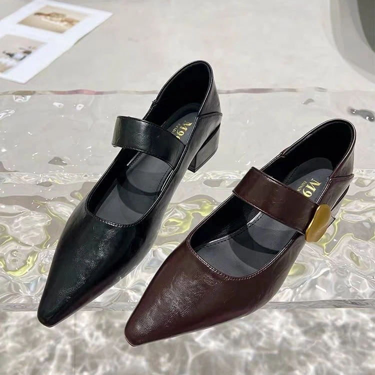 尖头玛丽珍女鞋新款气质低跟平底单鞋浅口粗跟鞋子女款爆款2025新