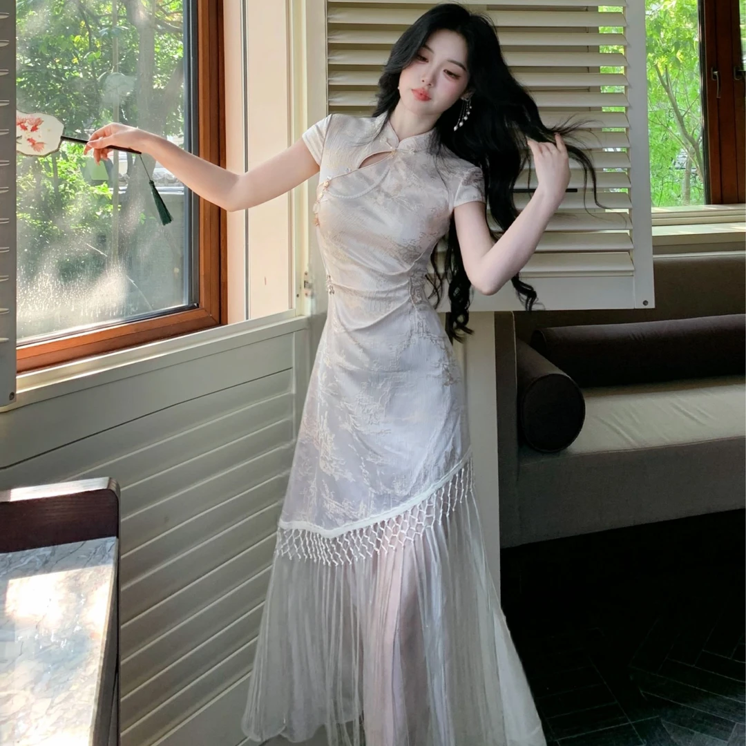 Blovelan白桦林间 国风贵气千金感修身旗袍蕾丝拼接连衣裙