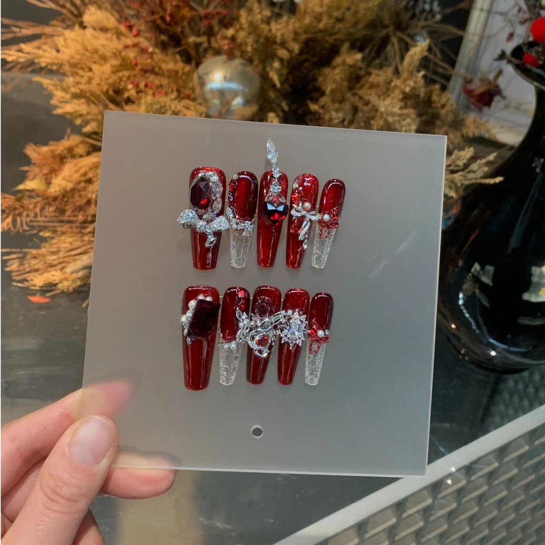 【朱砂痣】小七红色流苏尖堆钻手工穿戴甲个性长款美甲