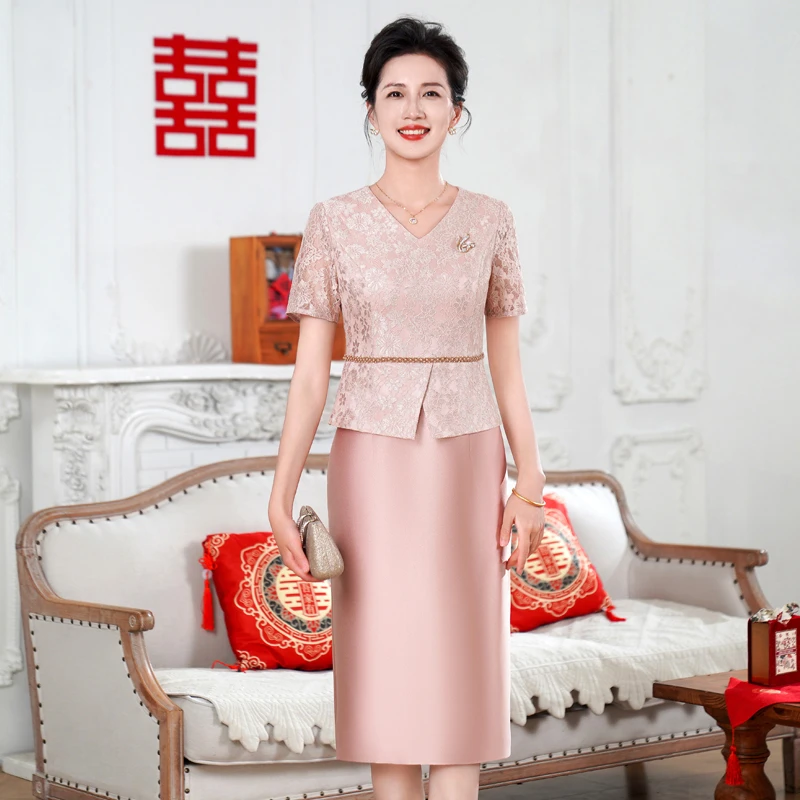 新娘妈妈婚宴礼服夏季年轻洋气婚礼喜婆婆装日常可穿小个子连衣裙