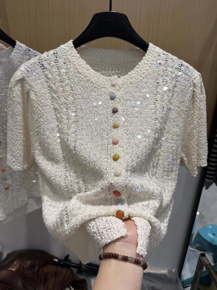 2025春夏新款韩版宽松显瘦圆领单排扣亮片短袖针织开衫女镂空外套