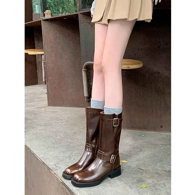 真皮法式咖色圆头平底皮带扣棕色马丁靴中筒靴女洋派小短靴骑行靴