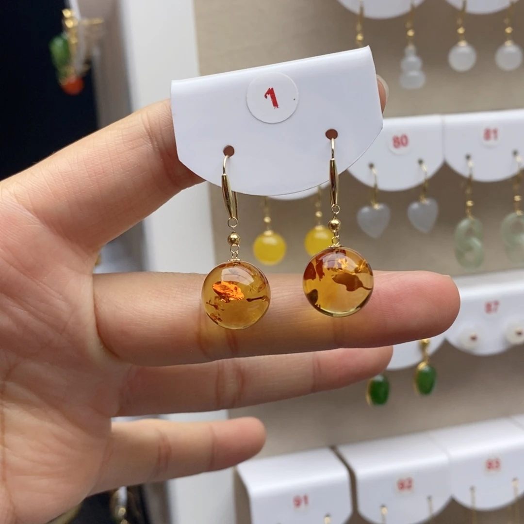 琥珀（花珀）18K金镶嵌耳饰