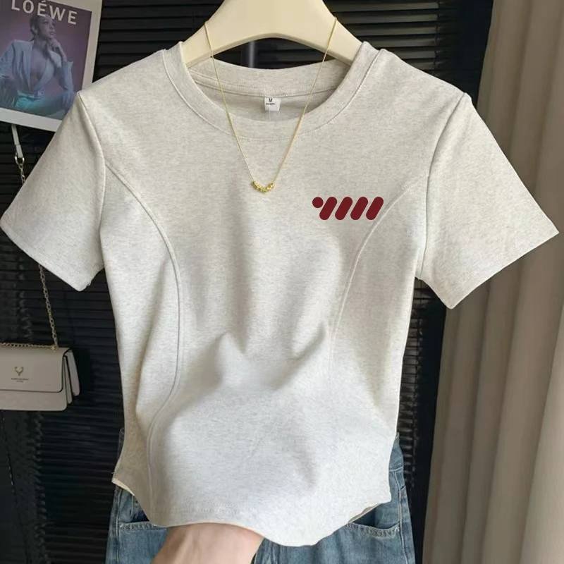 上衣百搭灰色短袖T恤女夏季新款时尚洋气不规则鱼骨设计感短款