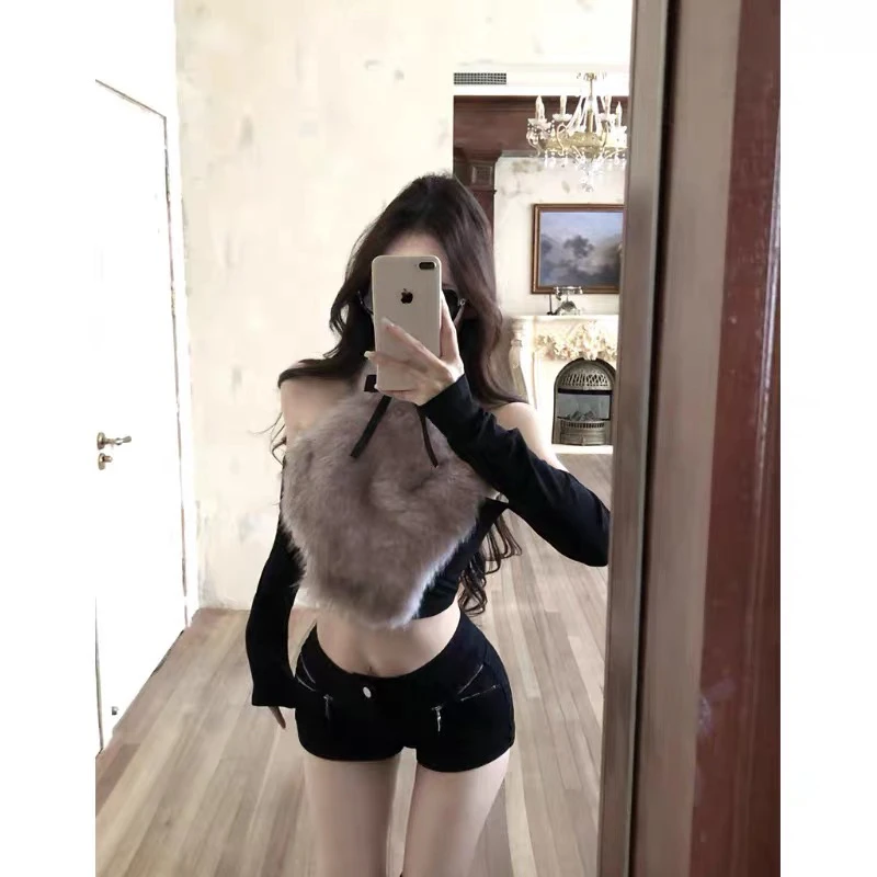 欲野妲己皮草毛蝴蝶结挂脖领背心女秋冬纯欲设计感毛毛吊带小衫