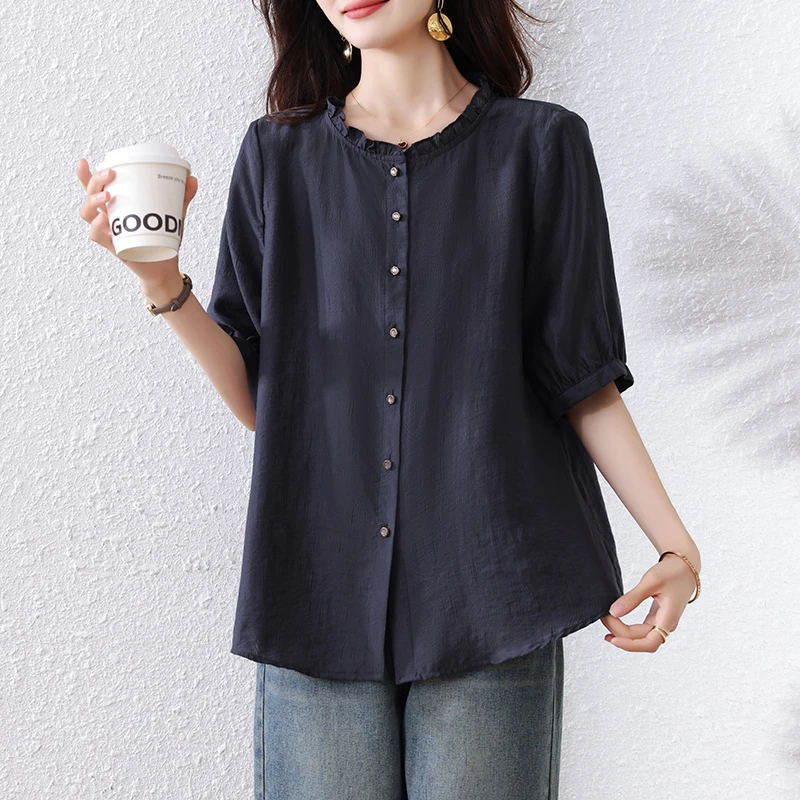 短袖衬衫2025夏季新款女装复古气质木耳花边领上衣大码洋气小衫女