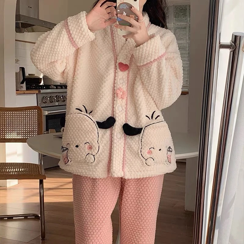 【1816#小狗喝奶茶】珊瑚绒睡衣女冬季款加厚加绒开衫家居服甜美可
