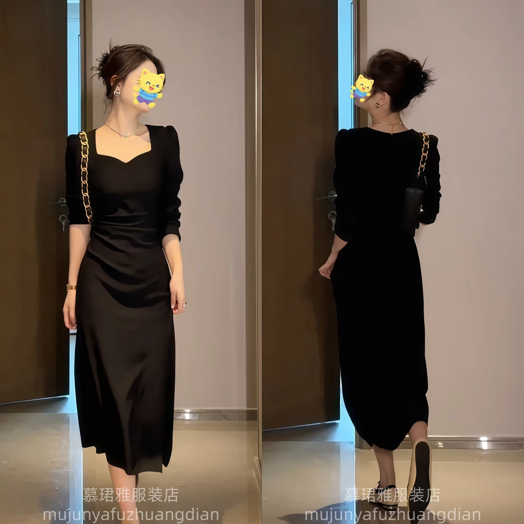 黑色连衣裙女2025秋季法式气质复古新款高级感内搭开叉鱼尾裙