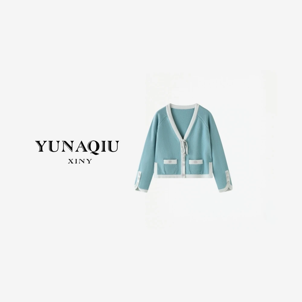 YUNAQIU 气质长袖蓝色时尚撞色拼色-9789