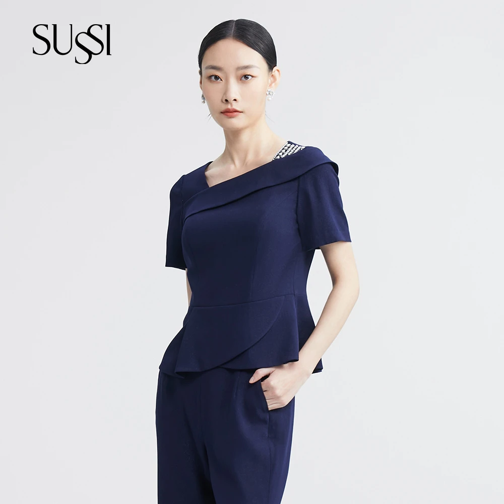 SUSSI/古色25夏商场同款花青蓝百搭醋酸商务通勤上衣女装
