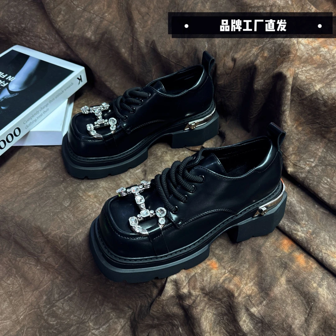 休闲百搭黑色真皮复古厚底英伦风单鞋3099-10黑色