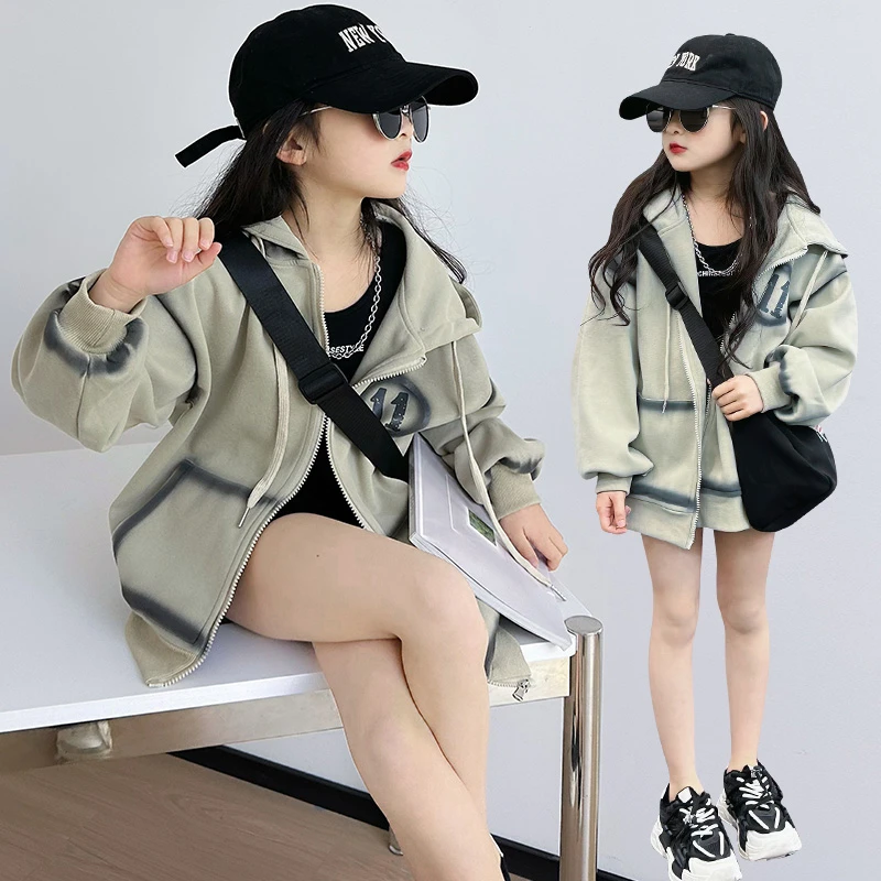 女童外套春秋季儿童洋气卫衣百搭短款时尚休闲连帽中大童运动外套