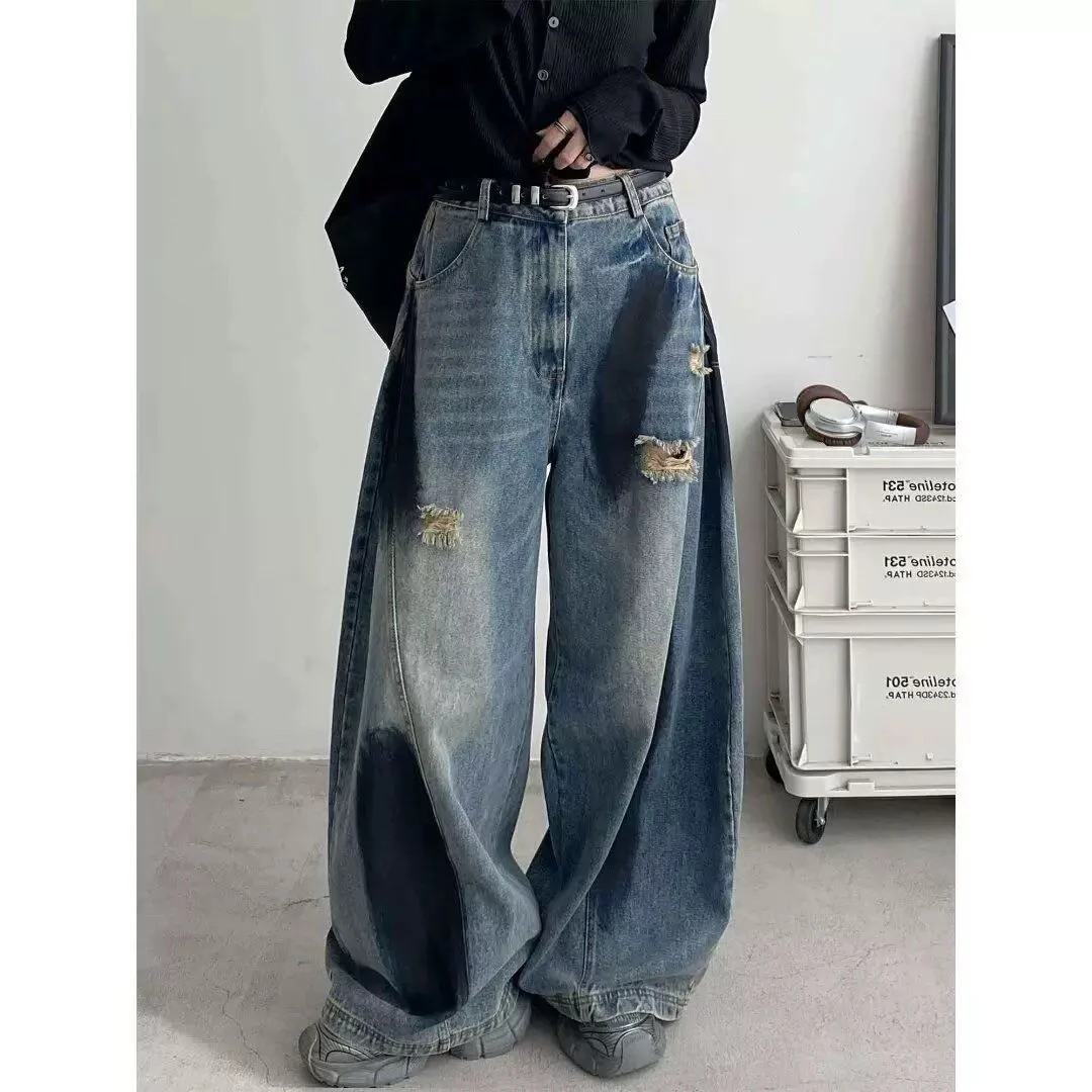 弯刀阔腿拼接解构破洞喷绘做旧牛仔裤男女宽松垂感长裤