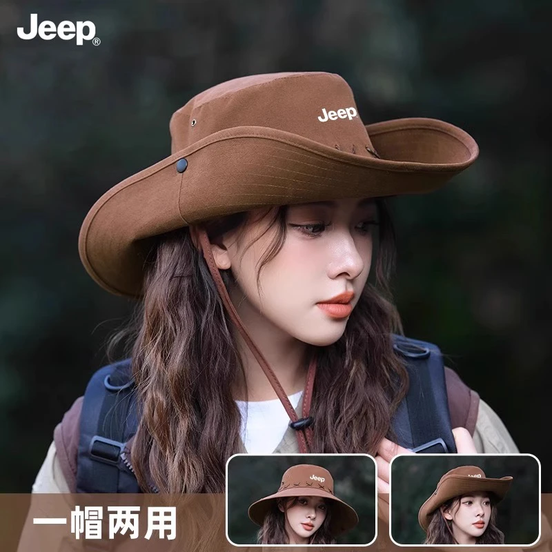 jeep吉普西部牛仔防晒帽子女夏季户外防紫外线徒步登山遮阳渔夫帽