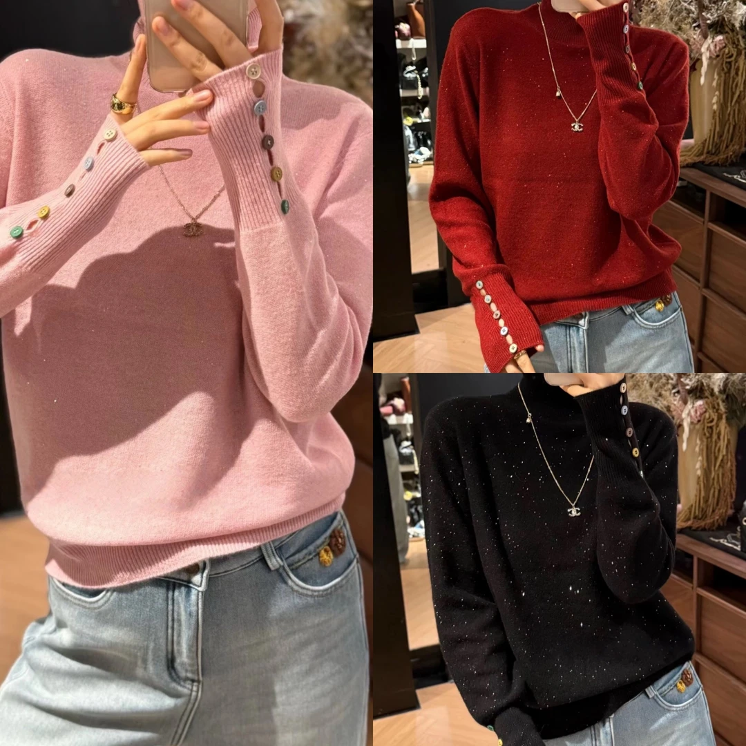 8758芭莎袖彩扣堆领上衣