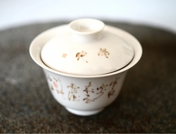 【优斋严选】手绘诗词白瓷盖碗