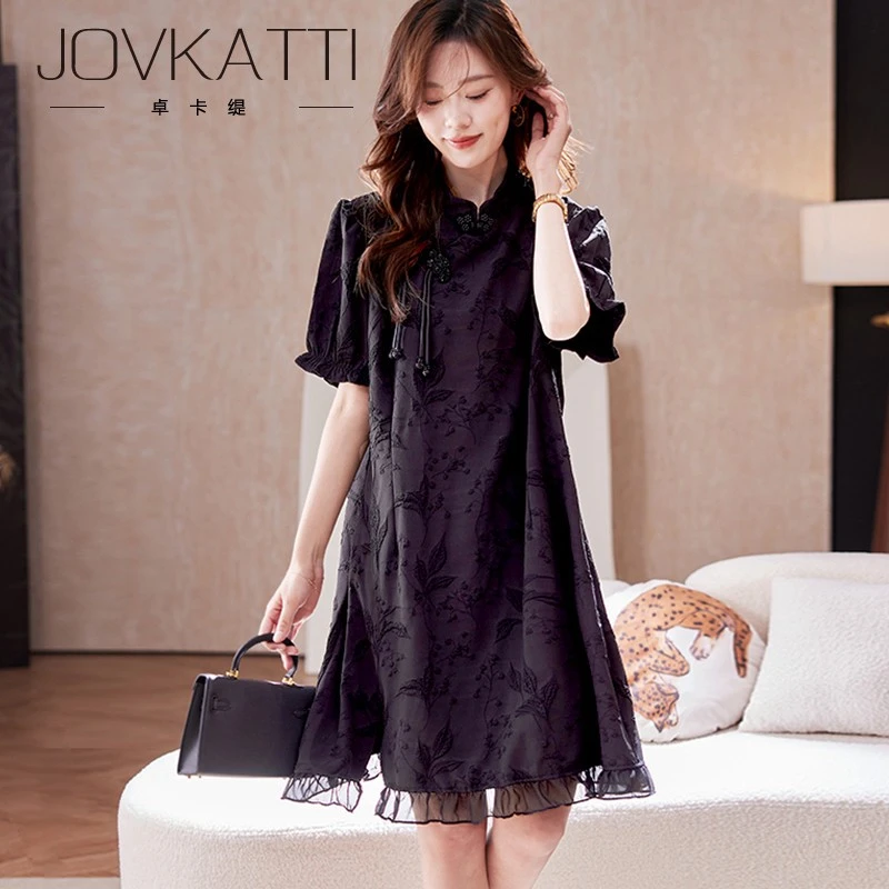 Jovkatti新中式提花短袖雪纺连衣裙2025夏季气质优雅休闲国风