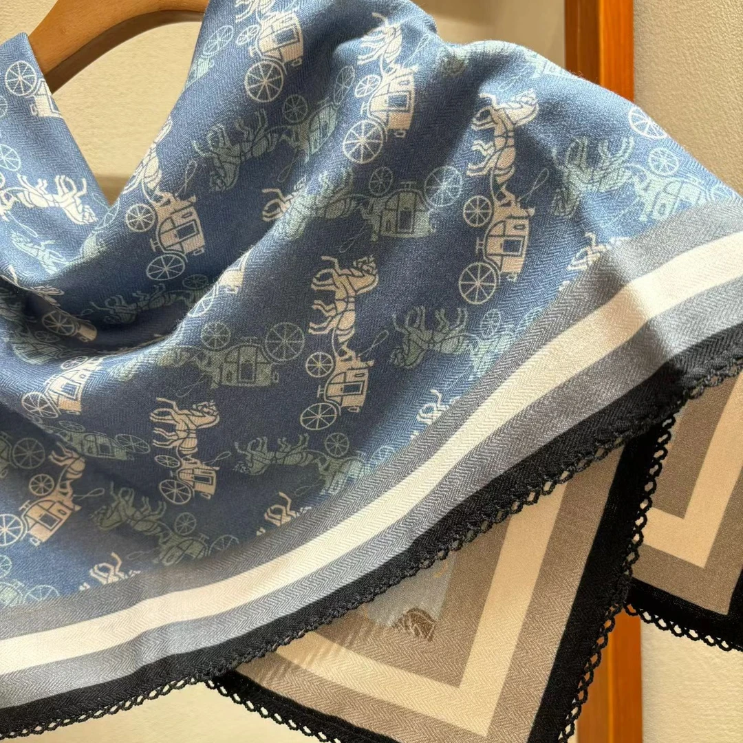 70双面异色新款牛仔小马车真丝羊毛62*62cm秋冬丝巾网红复古围巾