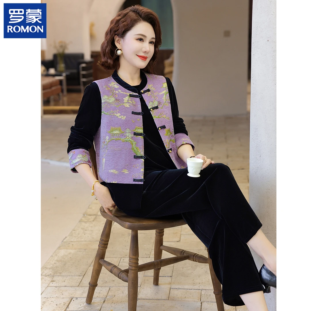罗蒙品牌妈妈秋装国风刺绣三件套时尚气质上衣中老年女金丝绒套装