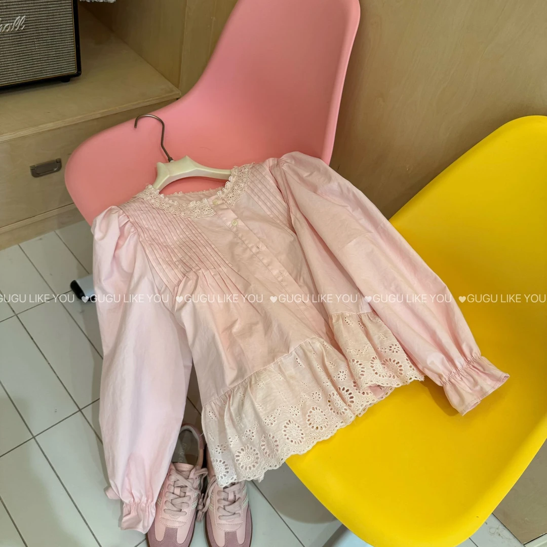 【古古】新2.21【允儿衬衫】纯棉韩系衬衫白色洋气泡泡袖蕾丝G25101