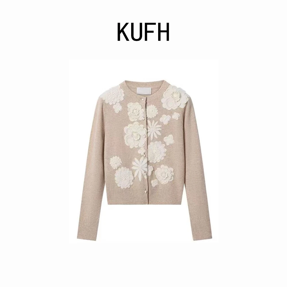 KUFH[绣花柔衫】女士蕾丝刺绣开衫25年早秋新品千金风圆领针织开衫