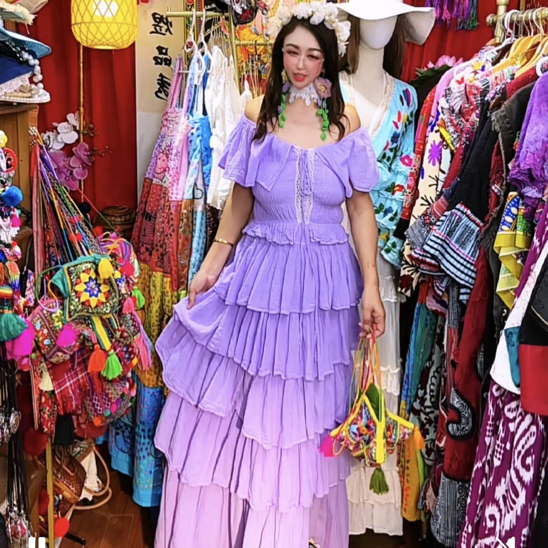 【紫墨儿】泰国原版生态棉蛋糕裙紫色白色公主裙度假仙女裙