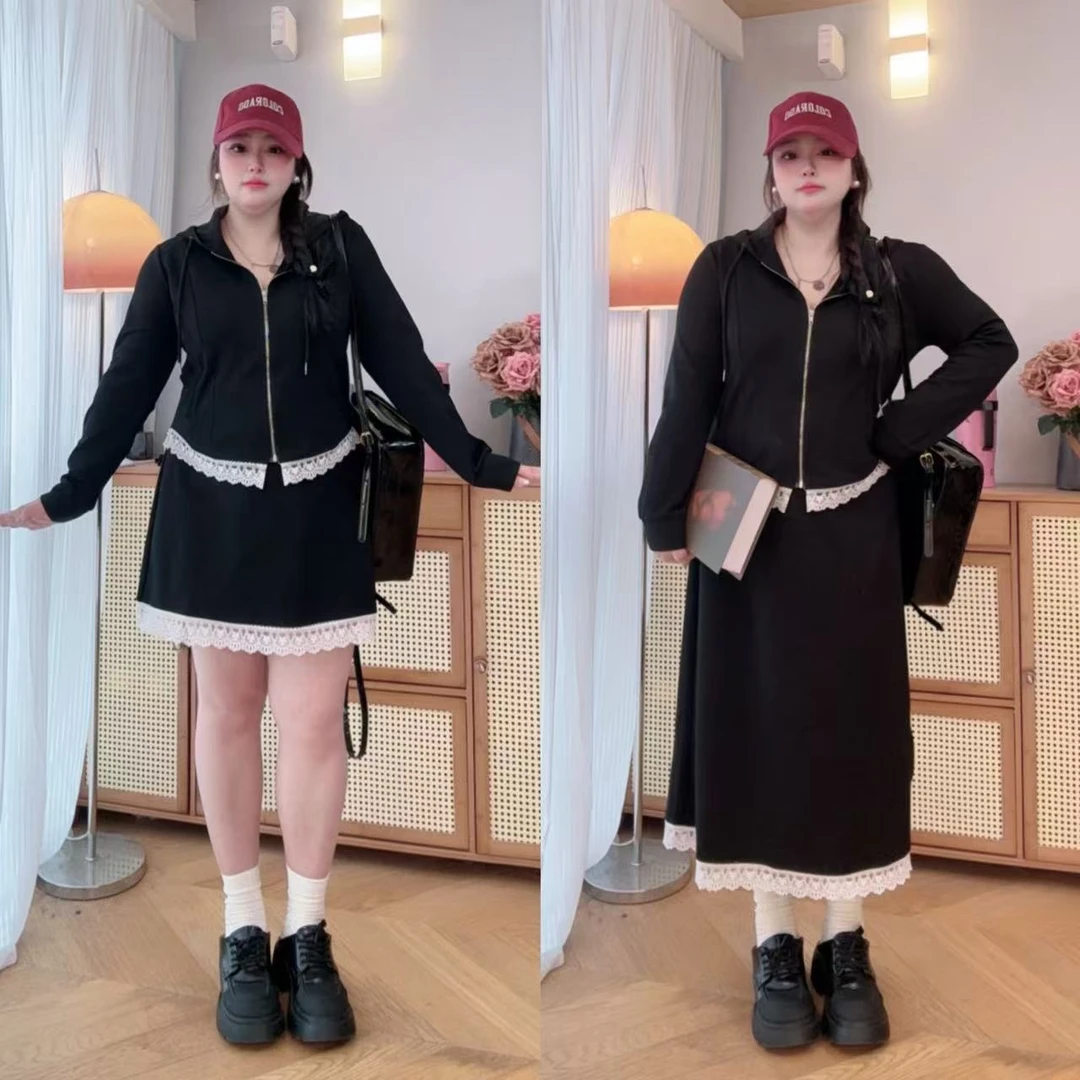 【鱼白专属】大码新款纯欲风连帽上衣蕾丝拼接显瘦遮肉休闲时尚套装