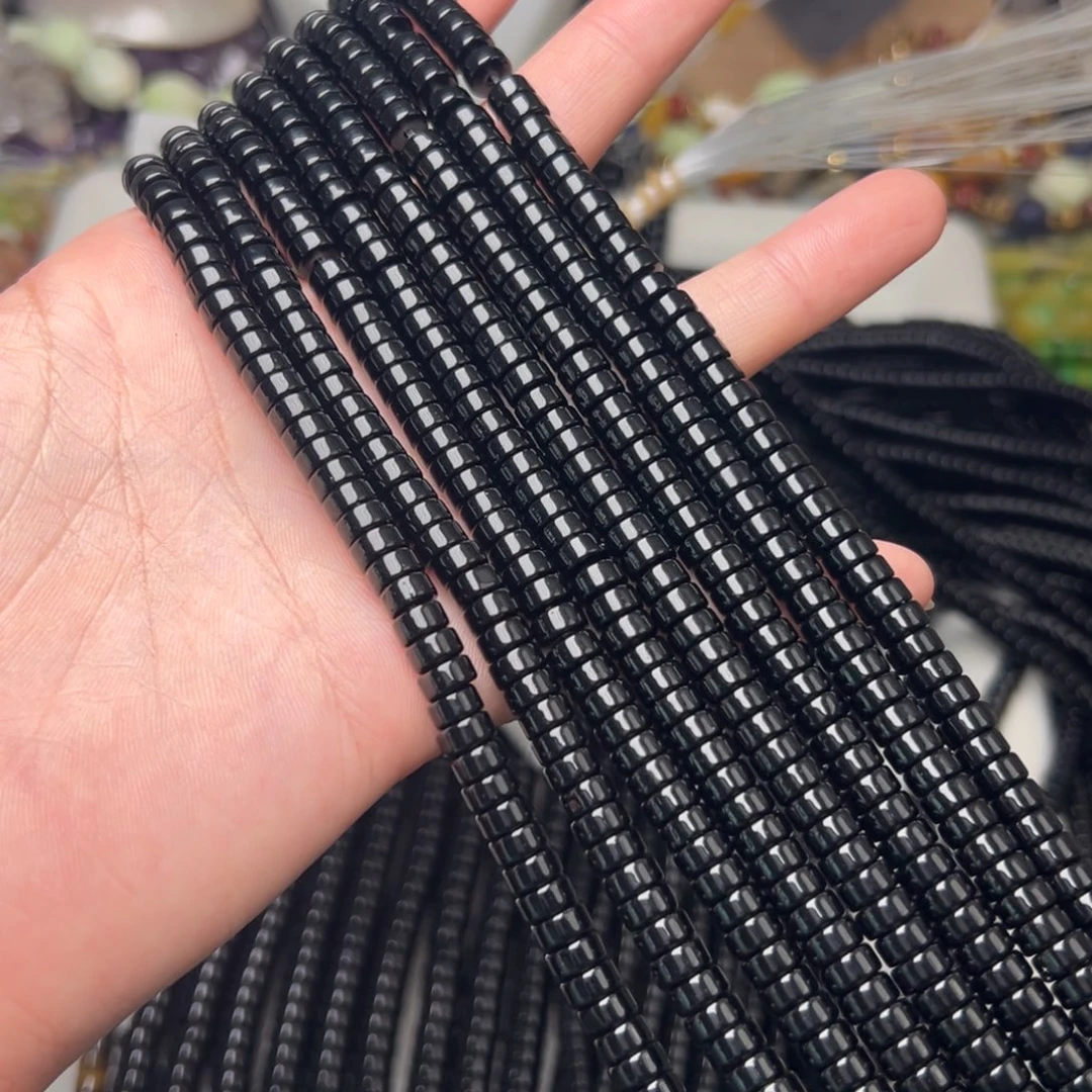 玛瑙/玉髓合金珠宝半成品W647。6.5mm天然黑曜石直切隔片三条