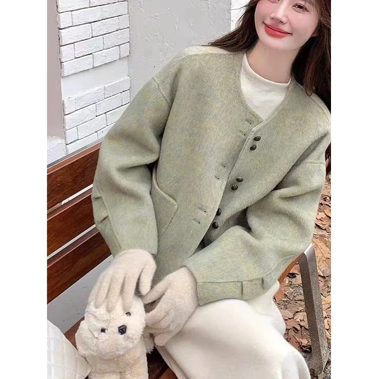 HMY5092102 2025新款袖子褶皱设计感小香风双面呢短款外套
