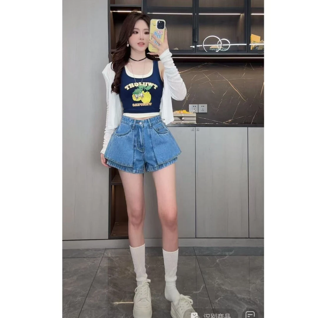 曼曼 【热辣腿精】韩版大口袋牛仔短裤