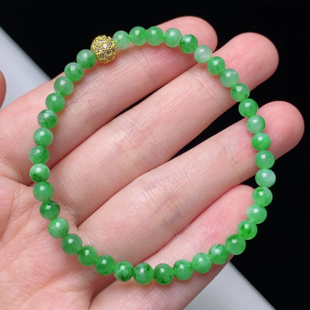缅甸天然翡翠A货冰种飘阳绿小米珠手链卡4.5mm