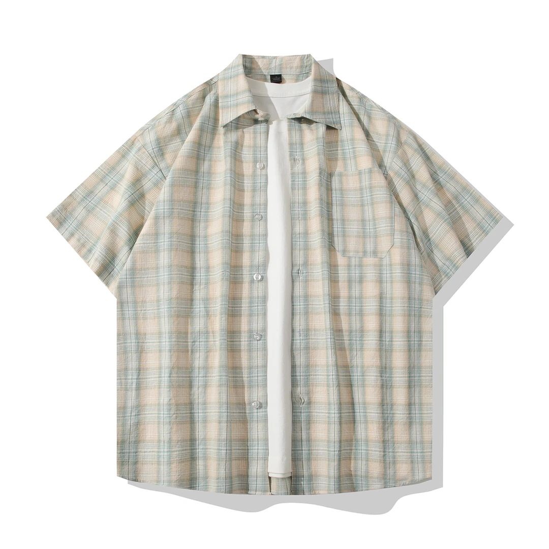 美式潮牌复古棉质短袖格子衬衫男士夏季薄款宽松慵懒痞帅衬衣内搭