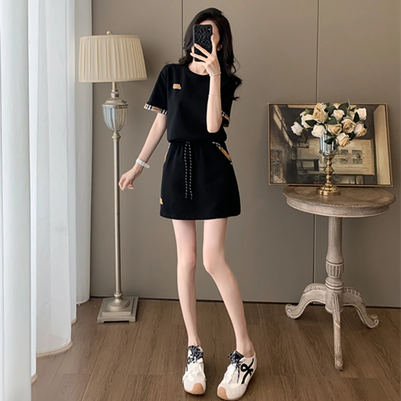 3877气质时尚套装小众上衣夏季短袖短裙两件套拼格子（群子裤内衬）