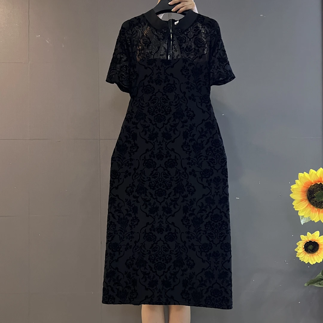 新中式国风复古蝴蝶扣蕾丝拼接气质显瘦中长款大码连衣裙6096