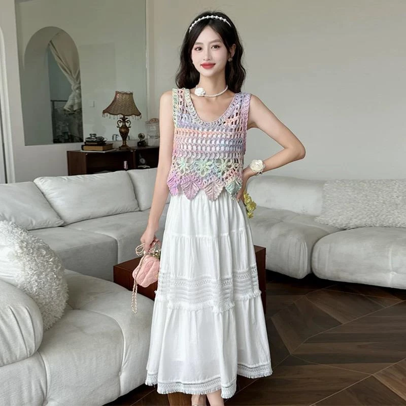 2025夏季新款套装裙民族风针织外搭镂空连衣裙时尚设计感两件套裙