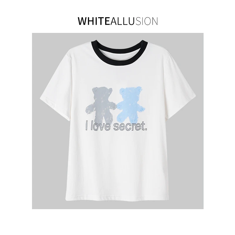 素典【小熊日记】白色夏季宽松印花圆领棉结T恤4718