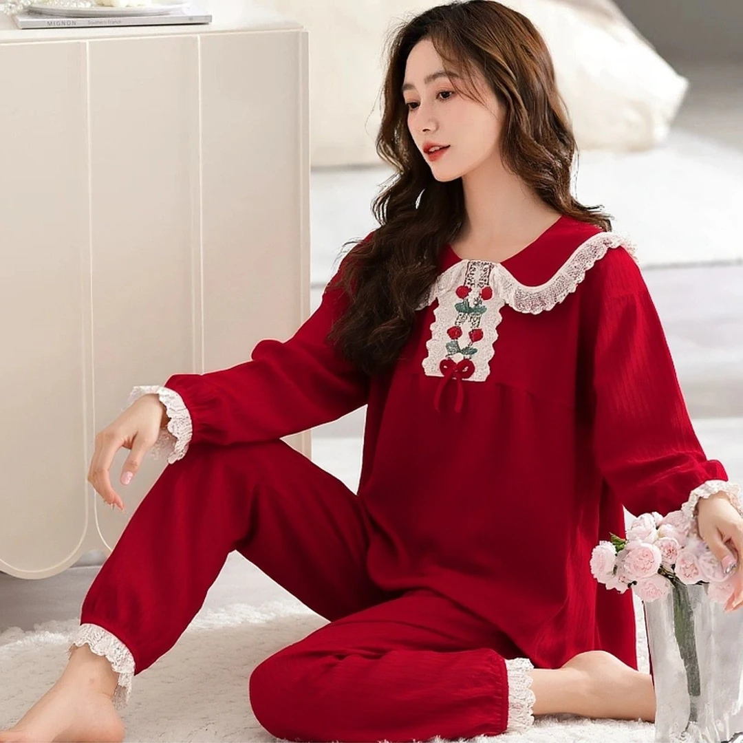 韩版气质甜美公主风娃娃领套头蕾丝花边长袖长裤睡衣女士秋天套装